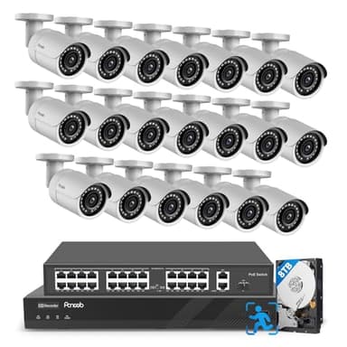 PANOOB 32 Channel Security Camera System 4K, 20pcs 8MP Wired Outdoor Home Surveillance IP PoE Cameras with Human Vehicle Detection, Remote Playback Built-in Mic, 4K 32CH NVR 8TB HDD, PB37F2032-8M