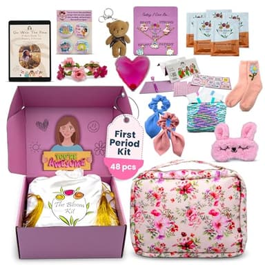 The Bloom First Period Kit for Girls 9-10-12-14 for School | Menstrual Starter Kit Essentials for Tween Girls | First Periods Teen Gifts Box with Pads, Wipes, Educational E-Book & More (48 PCs)