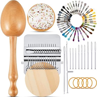 Jexine Mini Darning Egg for Socks 14 Hooks Small Speedweve Style Weaving Darning Loom with 9 Pcs Large Eye Needles 50 Colors Thread for Handcraft DIY Weaving Repair Tool