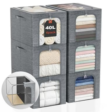 GoMaihe Clothes Storage Bin with Metal Frame: 6-Pack Stackable Closet Storage Bin with Lid & Clear Window, Sweater Boxes Storage for Closet Bedding Clothing Storage Organizer 40L