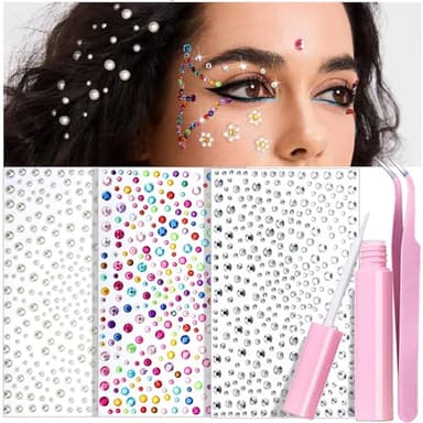 YGDZ Face Gems with Face Makeup Glue for Rhinestones, Face Jewels Stickers, Eye, Pearl Hair Gems for Women, Girls, Body Glue for Skin, Self Adhesive Rhinestone for Nail Art, Crafts