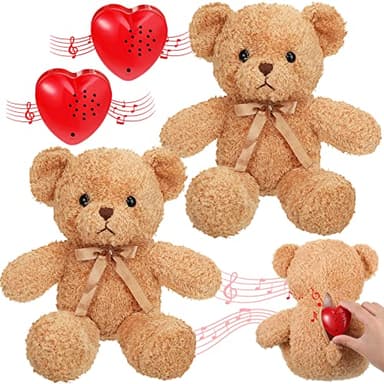 2 Pcs Bear Stuffed Animals with Voice Recorder Set, 60 Seconds Voice Sound Recorder Module 16 Inch Soft Plush Bear Cute Stuffed Bear with Zipper Sound Box Recordable Heart for Boys Girls (Light Brown)
