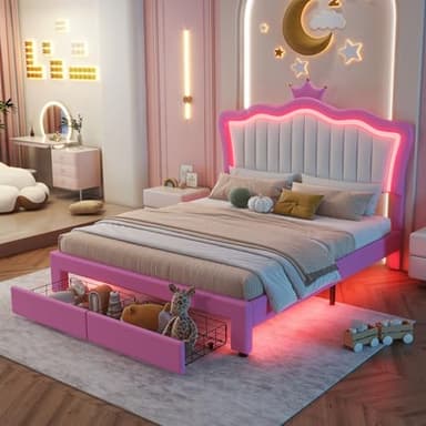 Full Size Upholstered Platform Bed Frame and Cute Princess Bed Frame for Girls, Kids: Adjustable Crown Headboard, Storage Drawer and LED Lights, No Box Spring Needed, Easy Assembly (Full+2 Drawers)