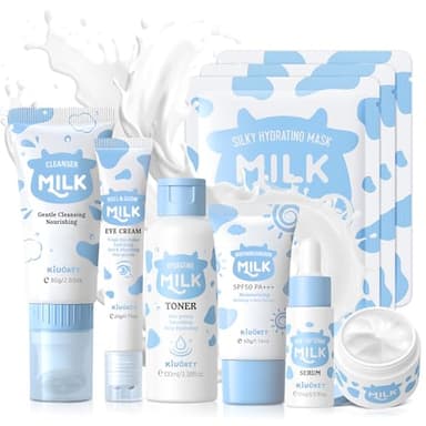 Milk Skin Care Set - 9PCS Milk Skin Care for Kids Ages 8-12 with Cleanser, Toner, Serum, Eye Cream, Face Cream, Sunscreen, Facial Masks - Deep Hydrating, Smooth & Delicate Skin for Girls & Women