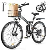 isinwheel M40 Folding Electric Bike for Adults 500W Ebike with Basket, Dual USB Charging Ports, Full Suspension, 7 Speed Gearshift, 20mph Foldable Electric Bicycles, 26" Electric Mountain Bike