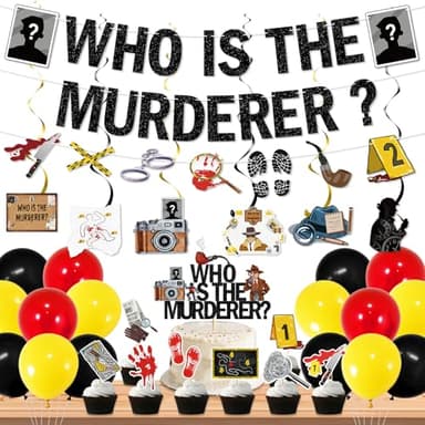 Murder Mystery Party Decor: Who Is The Murderer Banner Garland Swirls Cake Topper Cupcake Toppers Balloons Crime Scene Murder Mystery Detective Party Decorations for Criminal Justice Graduation Decor
