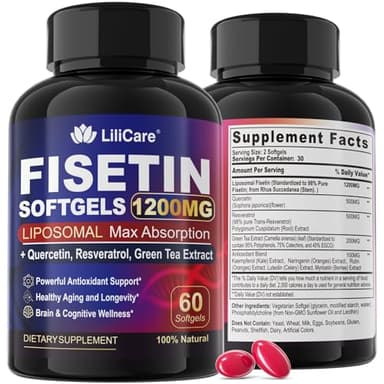 LILICARE Fisetin Supplement - Liposomal Super Absorption 98% Pure 1200mg with Quercetin, Resveratrol, Green Tea Extract for Healthy Aging & Longevity, Skin Health, Brain & Antioxidant - 60 Softgels