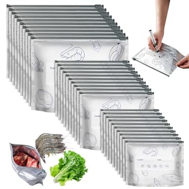 30PCS Reusable Aluminum Foil Sealable Storage Bags, 2025 New Resealable Vacuum Zipper Pouches for Food, Stand Up Foil Sealable Bags with Label and Zip Lock for Vegetable Fruit Meat (3 Size)
