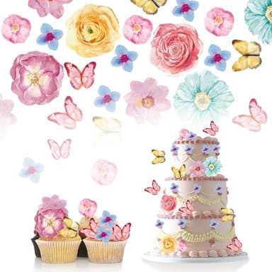 Foowztao 102Pcs Edible Flowers & Butterfly Cake Topper Cupcake Toppers Wafer Paper Wedding Themed Party Birthday Party Decoration Supplies Mixed Size & Colour