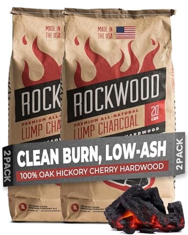 Rockwood Premium Barbecue Lump Charcoal – Oak, Hickory & Cherry Hardwood Blend for Rich Smoky Flavor & Clean Burn BBQ – Ideal for Kettle & Kamado Grills – Lump Charcoal for Grilling – 20lbs (2 Packs)