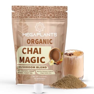 MEGAPLANTS Chai Magic (30 Servings) | Superfood 5 Mushroom Powder Blend for Focus, Clarity & Energy + Spiced Masala Chai Blend | Smoothie, Coffee Alternative