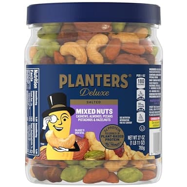 PLANTERS Deluxe Mixed Nuts with Sea Salt, 27 oz Resealable Container - Variety Mixed Nuts Snacks with Cashews, Almonds, Pecans, Pistachios & Hazelnuts - Energy Boost - Kosher