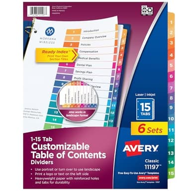 Avery 15 Tab Dividers for 3 Ring Binders, Customizable Table of Contents, Multicolor Tabs, 6 Sets (11197)