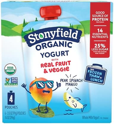 Stonyfield Organic Kids Whole Milk Yogurt Pouches 3.5 oz. Each Ct - Real Fruit Veggie, Pear Spinach Mango, (Pack of 4)