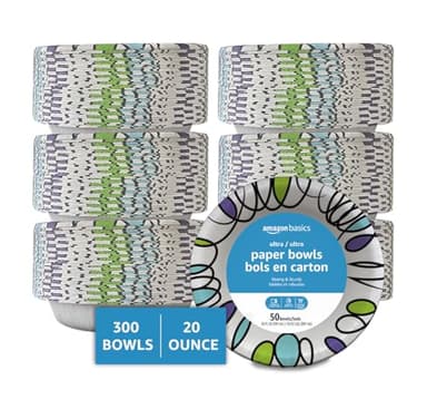 Amazon Basics Ultra Disposable Paper Bowls, 20 Oz, Microwave Safe, Soak Proof, Strong & Sturdy, White, 300 Count (6 Packs of 50)