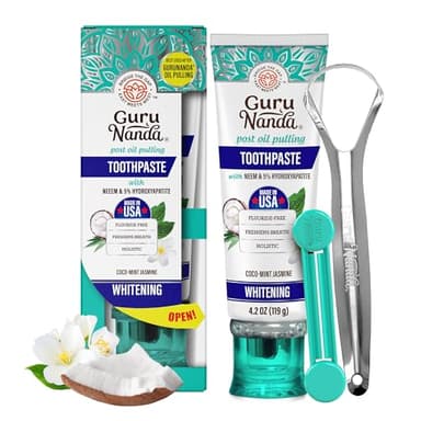 GuruNanda Hydroxyapatite Toothpaste, SLS & Fluoride Free, Whitening Toothpaste with Tongue Scraper & Squeezer - Freshens Breath, Fights Plaque - Natural CocoMint Jasmine Neem, 4.2oz