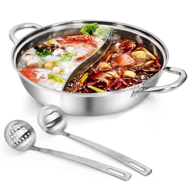 Peohud 304 Stainless Steel Hotpot Pot with Divider, 12 Inches Double-flavor Shabu Shabu Pot with Ladle and Slotted Spoon, Dual Sided Soup Cookware for Induction Cooktop Gas Stove