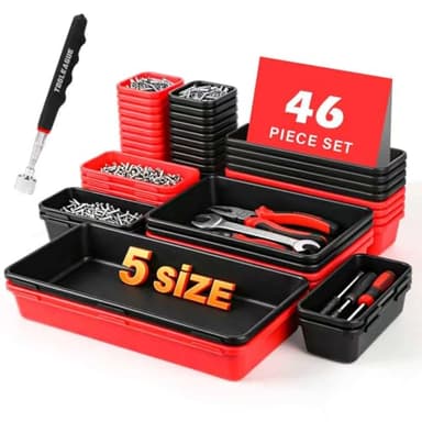 TOOLEAGUE 46Pcs & 5 Sizes Tool Box Organizer Tray Set with 15Lb Magnetic Pickup Pen,Drawer Organizer Bin, Garage Organization and Storage Workshop Rolling Tool Chest WorkBench Small Part(Black, Red)