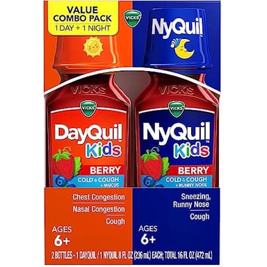 VICKS Kids DayQuil & NyQuil Berry Cold & Cough Medicine Co-Pack, Daytime & Nighttime Relief of Multiple Symptoms, Great-Tasting Berry Flavor, Free of Alcohol & Acetaminophen, for Ages 6+, 2x8oz