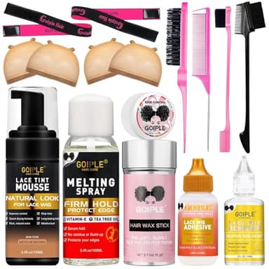 Lace Glue Kit Complete Set with Lace Tint Mousse, Lace Melting Spray Wig Glue for Women's Wigs and Hairpieces - Wig Installation Kit & Tape in Extension Rmover & Cap (Medium Brown)