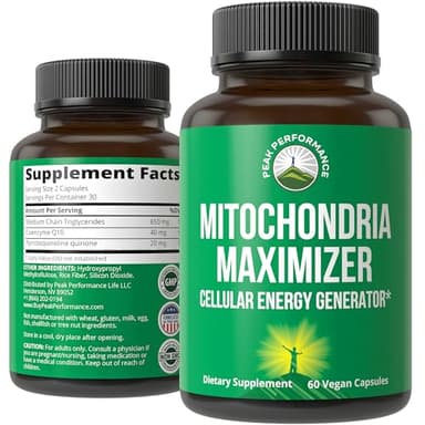 Peak Performance Mitochondria Maximizer with CoQ10 and Active PQQ. Best Mitochondrial Support Supplement with MCT Oil. Natural Cellular Generator for Clean, Focused Energy 60 Vegetarian Capsules