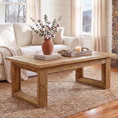 TRIBEWOOD 47.2" Solid Wood Coffee Table, Rectangular Accent Center Cocktail Table with U-Shape Solid Legs for Living Room, Easy Assembly