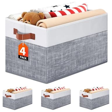 Fab totes Collapsible Storage Baskets for Shelves,14"x10", 4 Pack Foldable Fabric Storage Bins with Double Leather Handles, Large Baskets for Organizing Books, Clothes, White & Grey