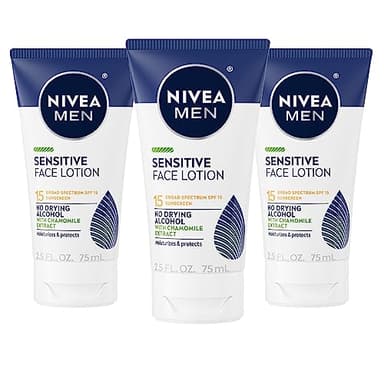 NIVEA MEN Sensitive Face Lotion with SPF 15, Broad Spectrum Sunscreen, 3 Pack of 2.5 Fl Oz Tubes
