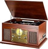 Mersoco Turntable Bluetooth with Stereo Speakers, Support Vinyl-to-MP3 Recording Converter with CD, Cassette Player, FM, aux-in and Headphone Jacks, Brown