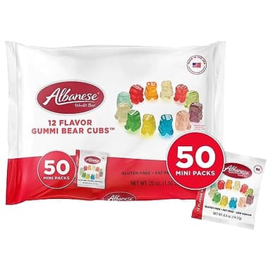 Albanese World's Best 12 Flavor Gummi Bear Cubs | 50-0.5oz Snack Packs of Candy | Miniature, Individually Wrapped, Soft Gummy |Cherry, Blue Raspberry, and More | Perfect for Kid's Classroom Parties