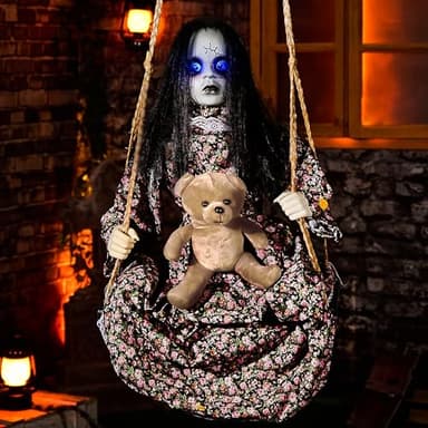 Halloween Animatronics Hanging Swinging Doll Floating Decorations with Motion Sensor Activated, Creepy Sound, Light Up Eyes, Scary Move, Haunted House Decor Spooky Holiday Prop for Indoor, Outdoor