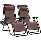 Best Choice Products Set of 2 Adjustable Steel Mesh Zero Gravity Lounge Chair Recliners w/Pillows and Cup Holder Trays - Brown