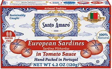Santo Amaro - Authentic European Sardines in Tomato Sauce from Puree, Hand-packed Canned Sardines in Tomato Sauce from Portugal, Wild Caught Portuguese Sardines, 23g Protein, Paleo, Dash, Pack of 3