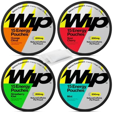 Wip Energy Pouches | 200mg Natural Caffeine | Vitamins and Minerals | 4 Pack Assorted: Sour Cherry, Mint, Orange Citrus, Strawberry Kiwi