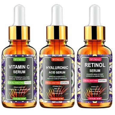 Wumal 3 Pack Face Serum Set - Includes Vitamin C, Retinol & Hyaluronic Acid - Firming, Brightening & Hydrating - Reset Your Skin Day and Night