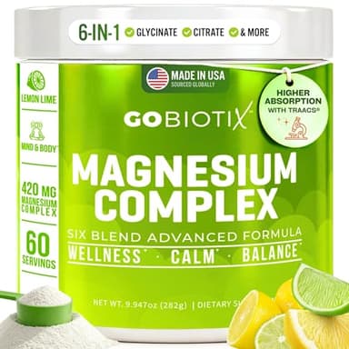 GoBiotix Magnesium Glycinate Powder – Cortisol Supplements for Women and Men – High Absorption Magnesium Complex Calm Supplement with Citrate, Malate – Sugar Free – 420 mg, 60 Servings - Lemon Lime