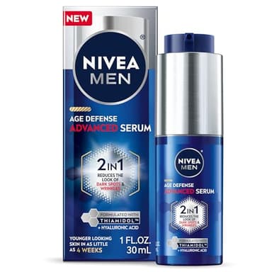 NIVEA MEN Age Defense Advanced Face Serum for Dark Spots with Thiamidol (TM) + Hyaluronic Acid, Fast-Absorbing Face Serum for Men Helps Reduce Look of Dark Spots, Fine Lines & Wrinkles, 1 Fl Oz Bottle
