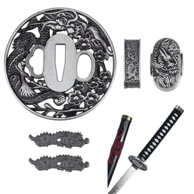 OLYCRAFT Samurai Sword Tsuba Set Dragon Samurai Sword Handguard Japanese Swords Accessories Japanese Swords Protector for Restoration Projects Cosplay Props Performing Training - Antique Silver