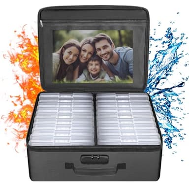 ENGPOW Photo Storage Box with 18 Inner 4" x 6" Photo Case(Clear), Fireproof Photo Organizer with Lock, Collapsible Portable Acid-Free Photo Keeper Craft Storage with Handles for Home, Office, travel