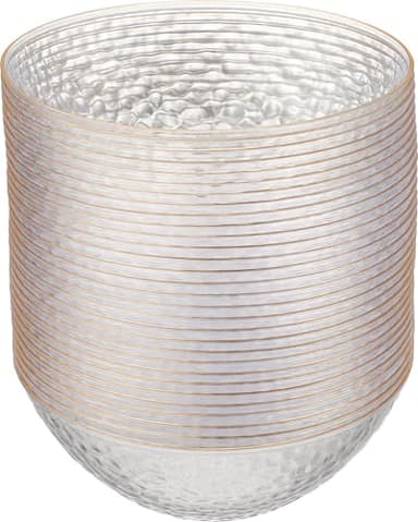 PLASTICPRO 30 Pack 12 Ounce Hammered Plastic Bowls, Heavyweight Disposable Bowl Set, Elegant Clear with Gold Rim, BPA Free, for Parties, Dinners, Events