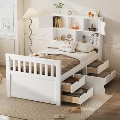 Merax Twin Size Platform Bed, Captain Bed Frame with 4 Storage Drawers and Bookcase and Shelves, Multi-funtional Storage Bed, White