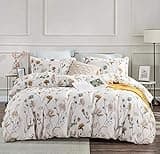 SLEEPBELLA Comforter Queen Size, 600 Thread Count Cotton White Printed with Blue & Blush Flowers Cotton Comforter Set,Down Alternative Bedding Set 3Pcs(Queen, White Floral)