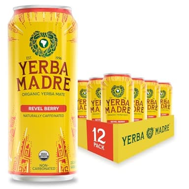 Yerba Madre Organic Yerba Mate, Revel Berry, 150mg Natural Caffeine, Energy Drink Alternative, No Jitters or Crash, 15.5 Oz Cans (Pack of 12)