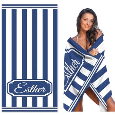 MeMoShe Personalized Beach Towels with Name Microfiber Custom Beach Towels Easter Gifts for Kids, Sand Free Quick Dry Beach Towel for Women Lightweight Beach Towel for Adults 30x60 Inch-Navy Blue