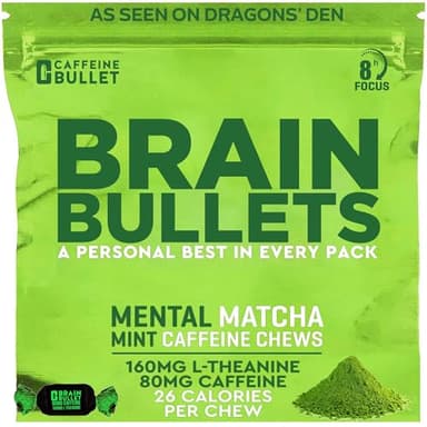 80mg Caffeine & 160mg L-Theanine Focus Enhancing Energy Chews (4 Servings) – Neuroscience Backed Nootropic Stack, Mental Acuity & Cognitive Support | Mint Matcha Flavor Brain Bullet