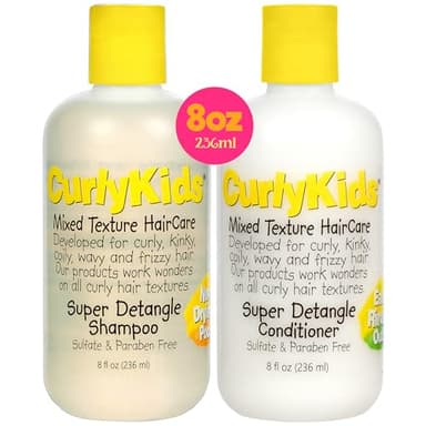 CurlyKids Super Detangle Kids Shampoo & Conditioner Set, Frizz-Free Care for Curly, Kinky, Wavy, and Frizzy Hair - Sulfate & Paraben-Free Hair Care
