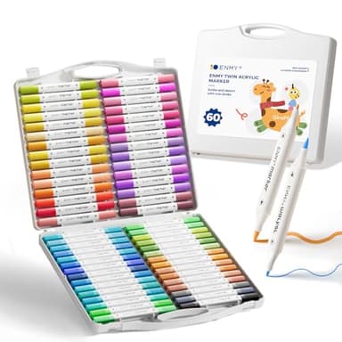 ENMY Dual Tip Acrylic Paint Markers, 60 Colors Acrylic Paint Marker Pens with Portable Case, Acrylic Art Markers for Art & Craft Supplies for Glass, Pottery, Ceramic, Rock, Canvas, DIY Art Supplies