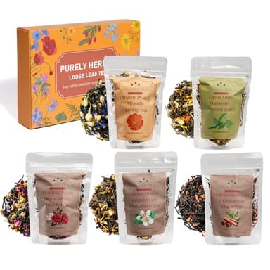 Loose Leaf Tea Sampler Assorted Flavored Tea Gift Set – 5 Natural Blends Relieving Stress & Great Gift For Tea Lovers- Herbal Tea Bags for Freshness, Up to 80 Cups