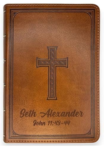 Personalized Compact Large Print Bible KJV Faux Leather Holy Bible Custom Name 3 Rows of Text & Red-Highlighted Verses, Personal Gift for Christian & Religious Celebrations | Brown