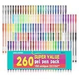 feela Gel Pens Set, 260 Pack 130 Colored Gel Pens Plus 130 Refills for Adult Coloring Books Drawing Kid Doodling Writing Sketching Highlighter Art Markers